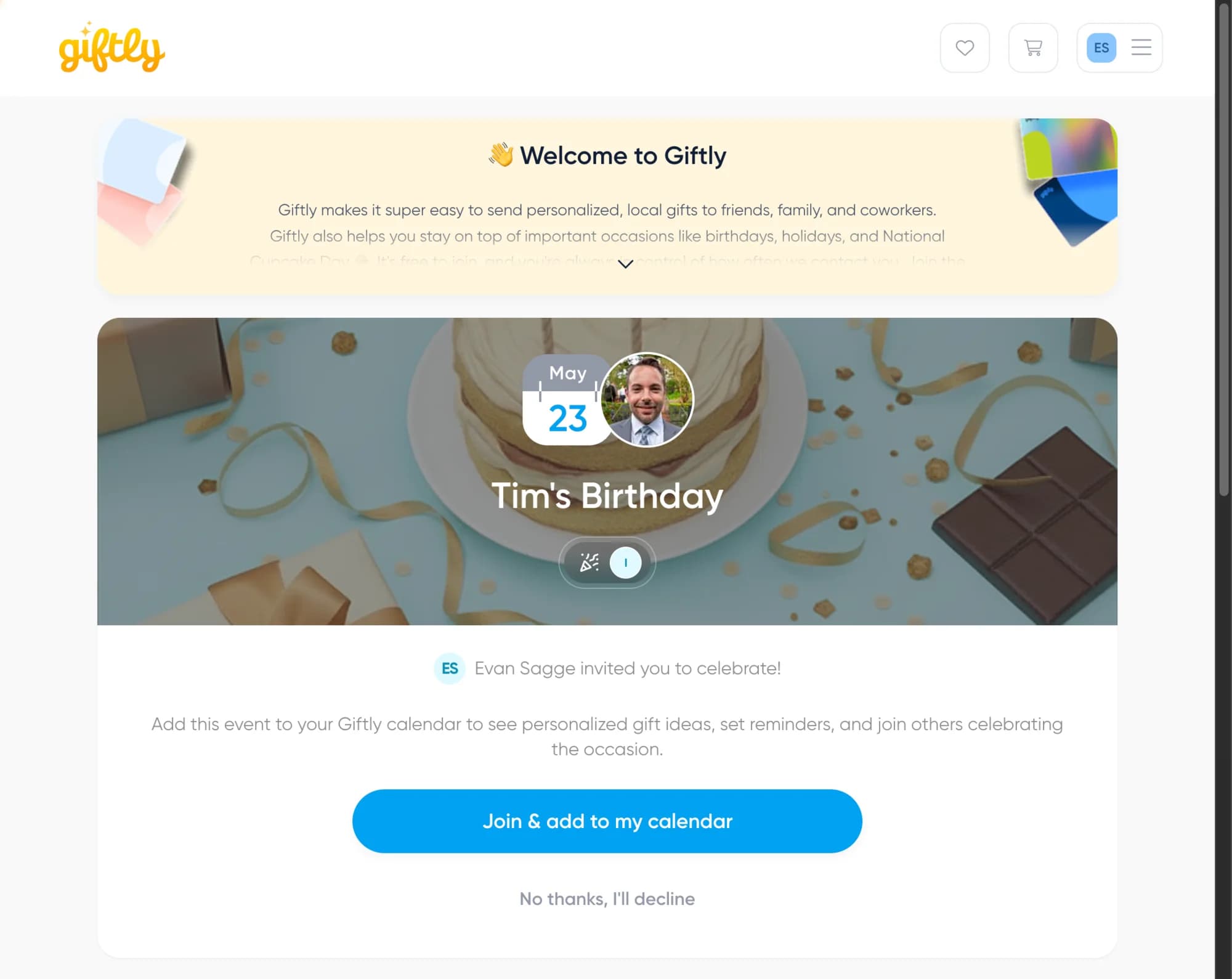 An invitation to a birthday event, showing the date and the person it belongs to over a celebration banner, with options to join and add it to your own calendar or decline.