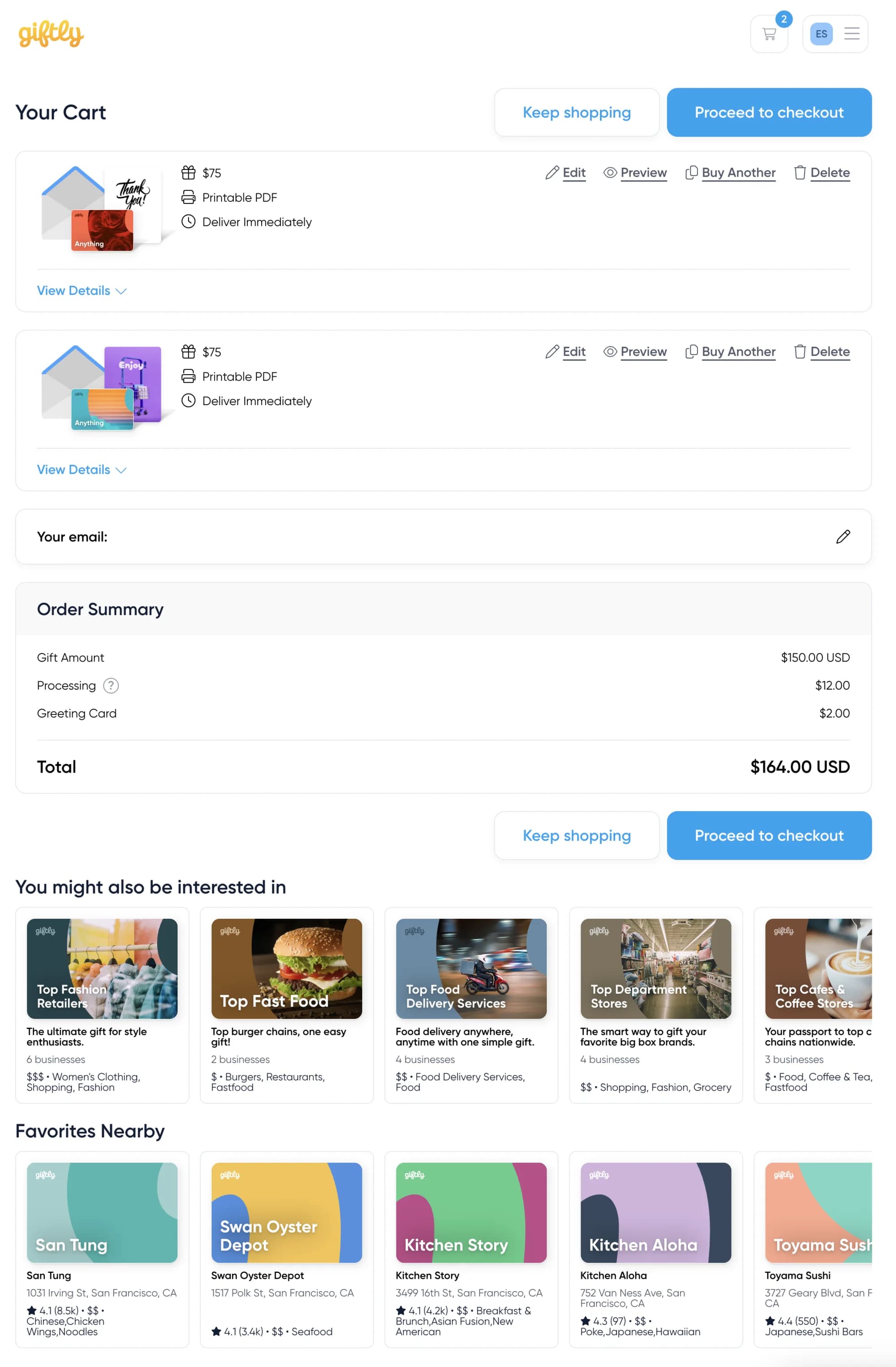 A cart holding two gifts, each with its own delivery method and greeting card, above a combined order summary.