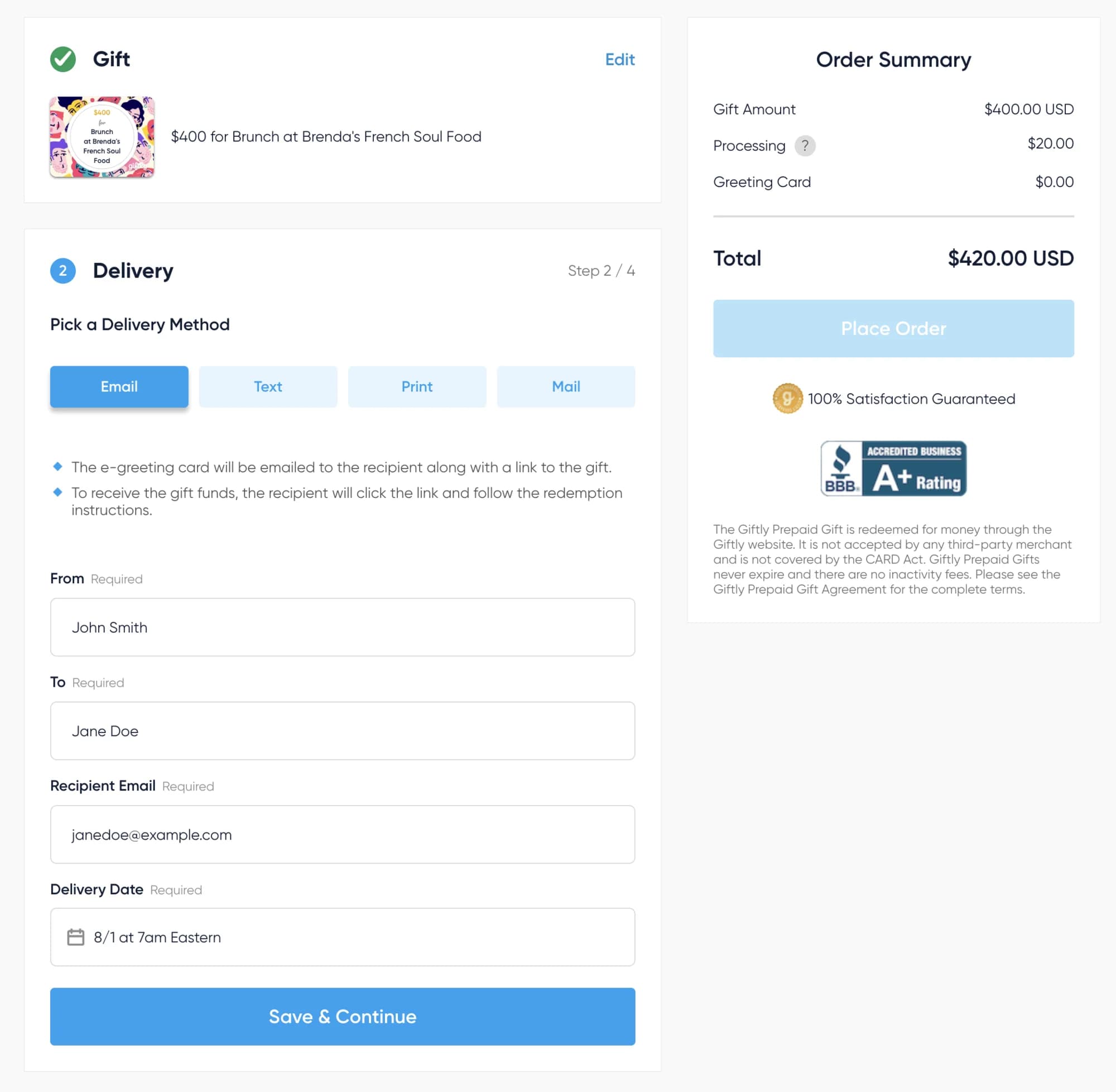 The checkout delivery step, with email, text, print and mail as delivery methods, sender and recipient fields, and a running order summary beside it.
