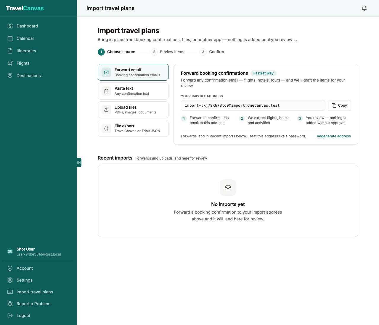 The import screen with four sources — forward email, pasted text, file upload, file export — and a personal forwarding address for booking confirmations.