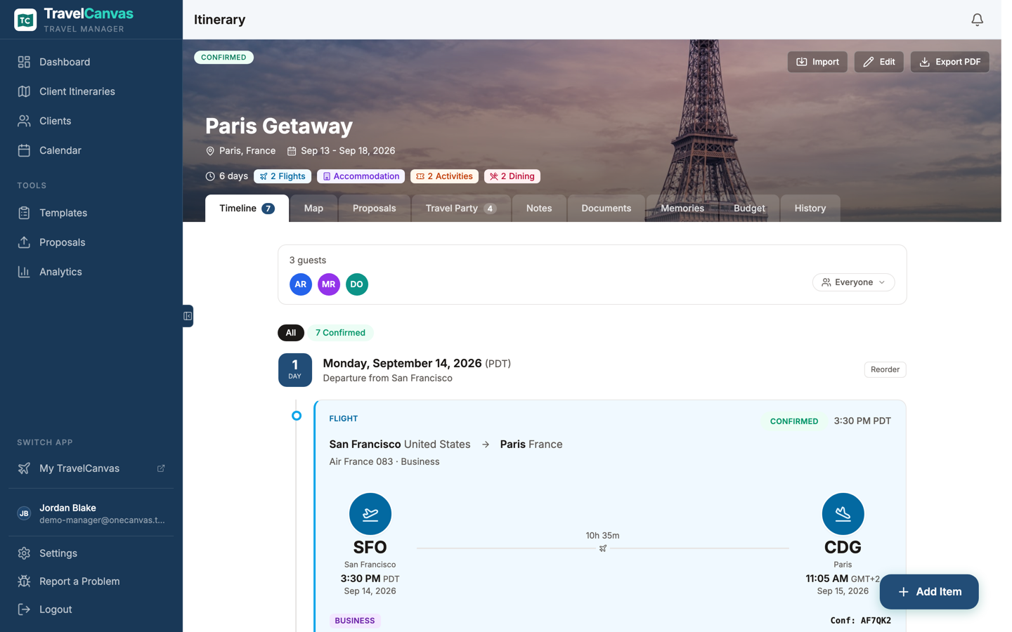 The advisor view of a trip itinerary: a timeline of days with a confirmed San Francisco to Paris flight card, under tabs for map, proposals, travel party and budget.
