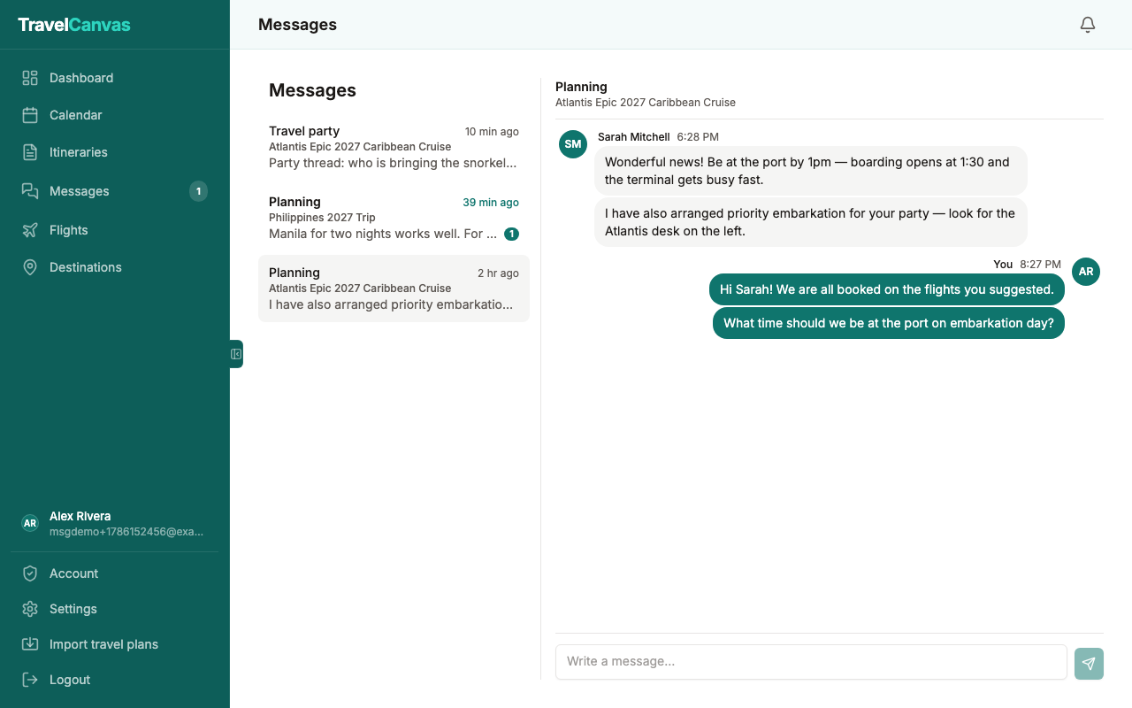 The messages inbox: planning and travel-party threads listed beside an open conversation between a traveller and their advisor.