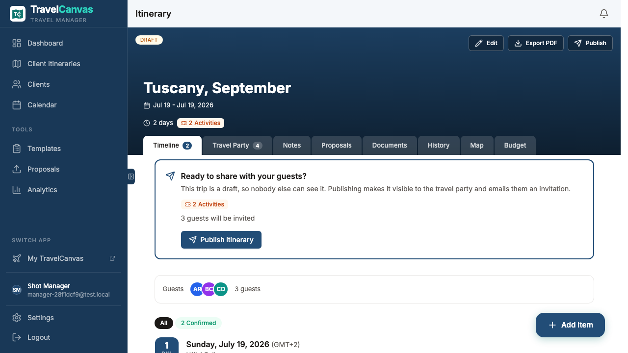 A draft trip in the advisor app with a publish readiness card: publishing will make the itinerary visible to the travel party and email invitations to three guests.